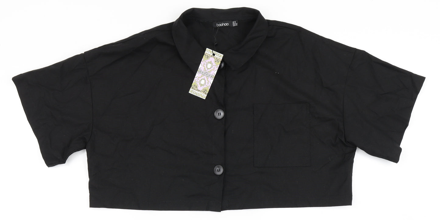 Boohoo Womens Black  Cotton Cropped Button-Up Size 16 Round Neck - Chest Pocket