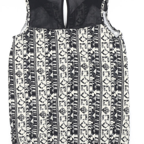 NEXT Womens Black Geometric Viscose Basic T-Shirt Size 12 V-Neck