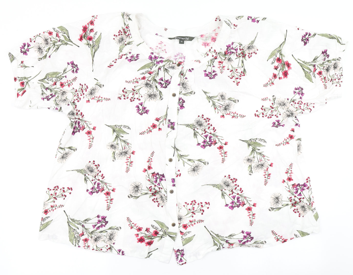 Bonmarché Womens White Floral Viscose Basic Blouse Size 22 Round Neck