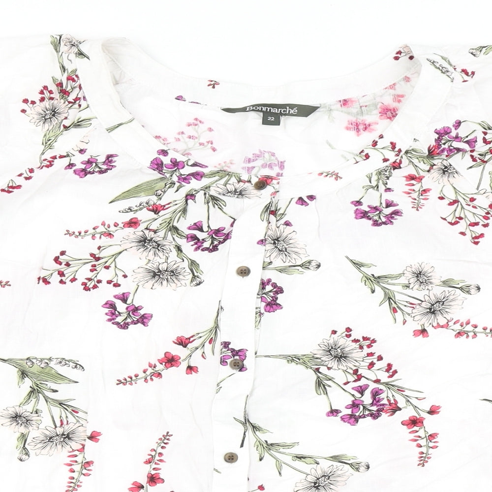 Bonmarché Womens White Floral Viscose Basic Blouse Size 22 Round Neck