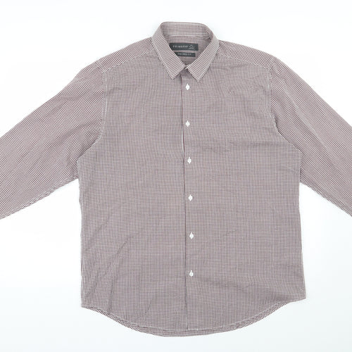 Primark Mens Red Check Polyester  Button-Up Size 16 Collared Button