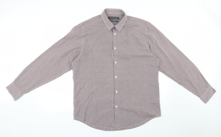 Primark Mens Red Check Polyester  Button-Up Size 16 Collared Button
