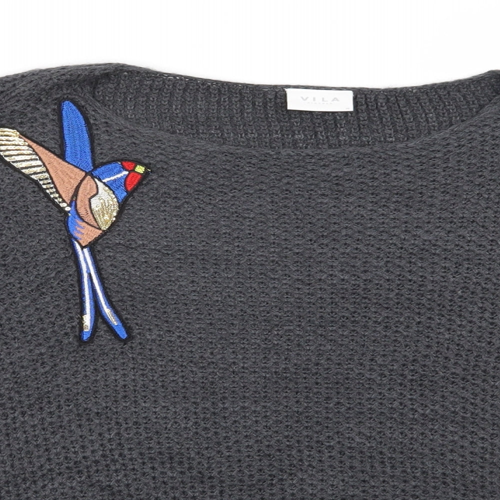 Vila Clothes  Womens Grey Round Neck  Cotton Pullover Jumper Size M
