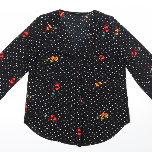 Papaya Womens Black Polka Dot Polyester Basic Blouse Size 12 V-Neck
