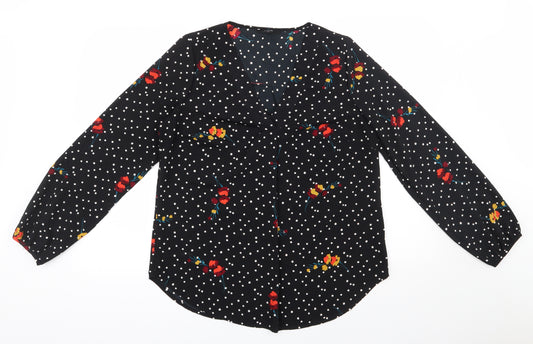 Front view of Papaya women’s black polka dot polyester basic blouse, size UK 12, v-neck