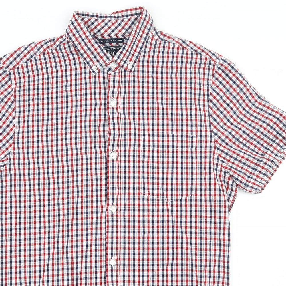 F&F Mens Red Check Cotton  Button-Up Size S Collared Button