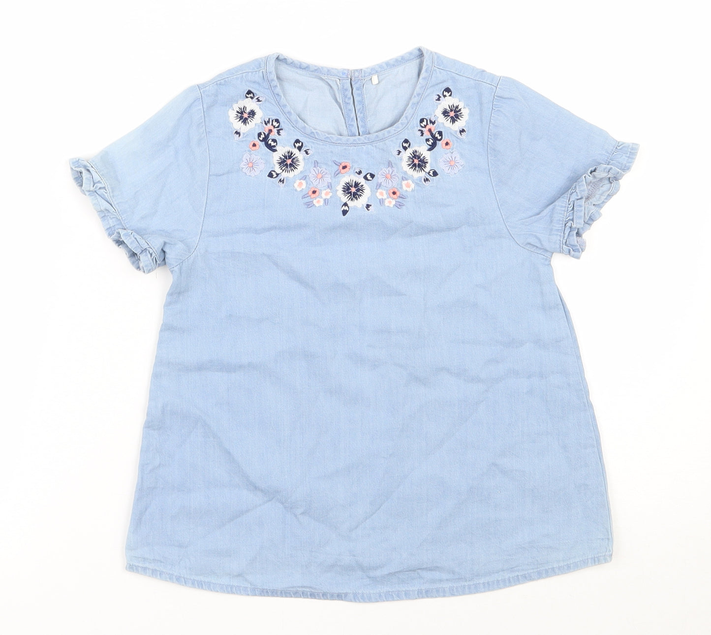 George Girls Blue  100% Cotton Basic Blouse Size 6-7 Years Round Neck Button - Flower embroidery