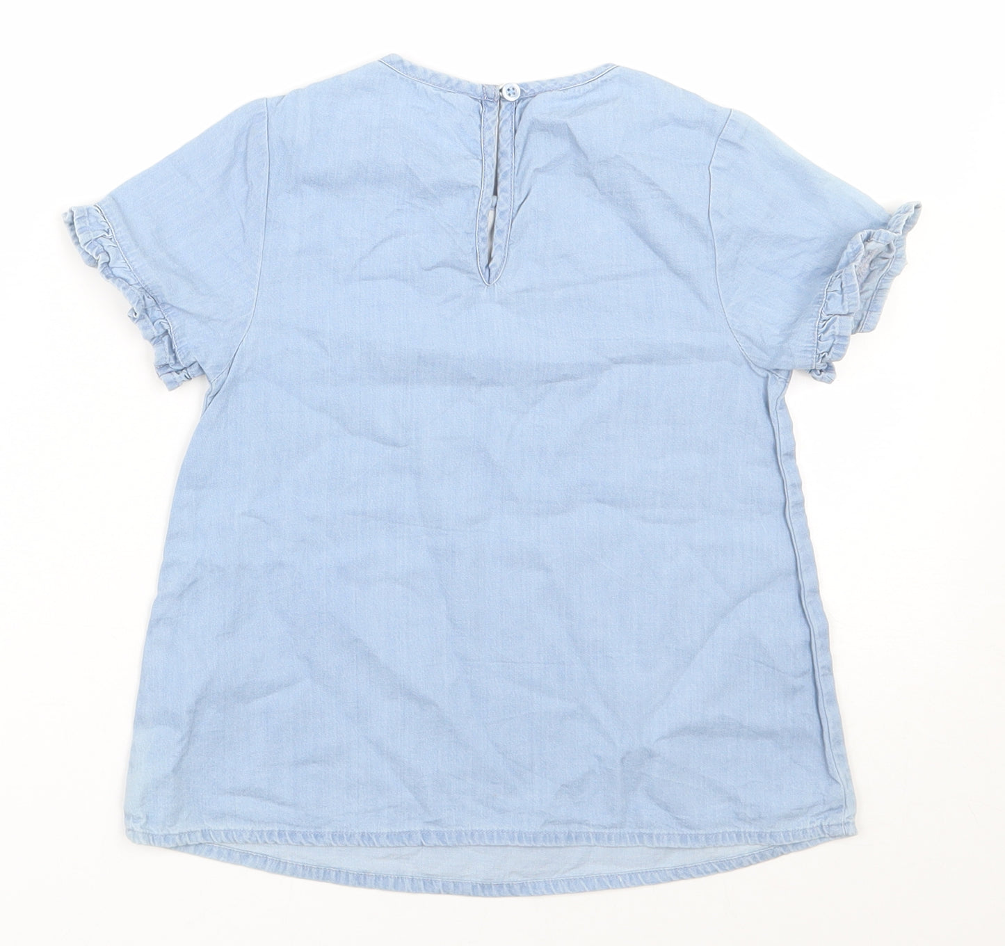 George Girls Blue  100% Cotton Basic Blouse Size 6-7 Years Round Neck Button - Flower embroidery