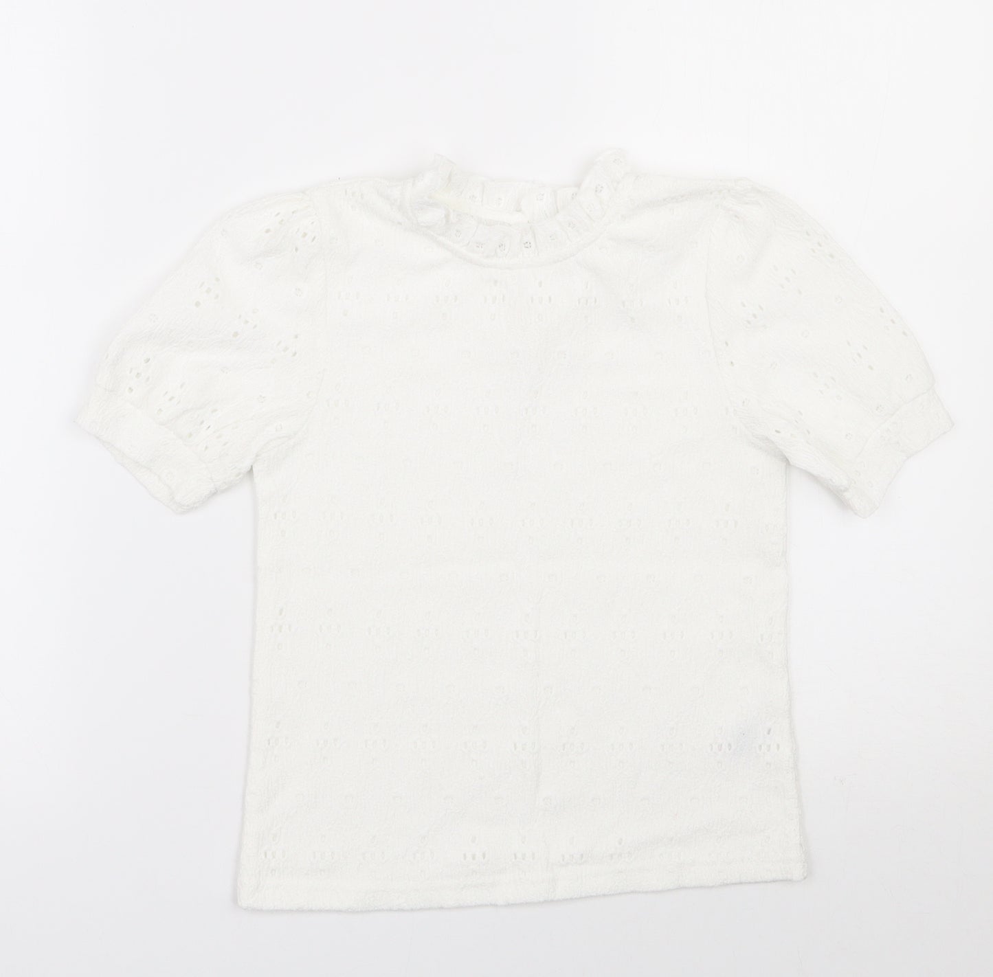 Dunnes Stores Girls White  Polyester Jersey T-Shirt Size 7-8 Years High Neck Button