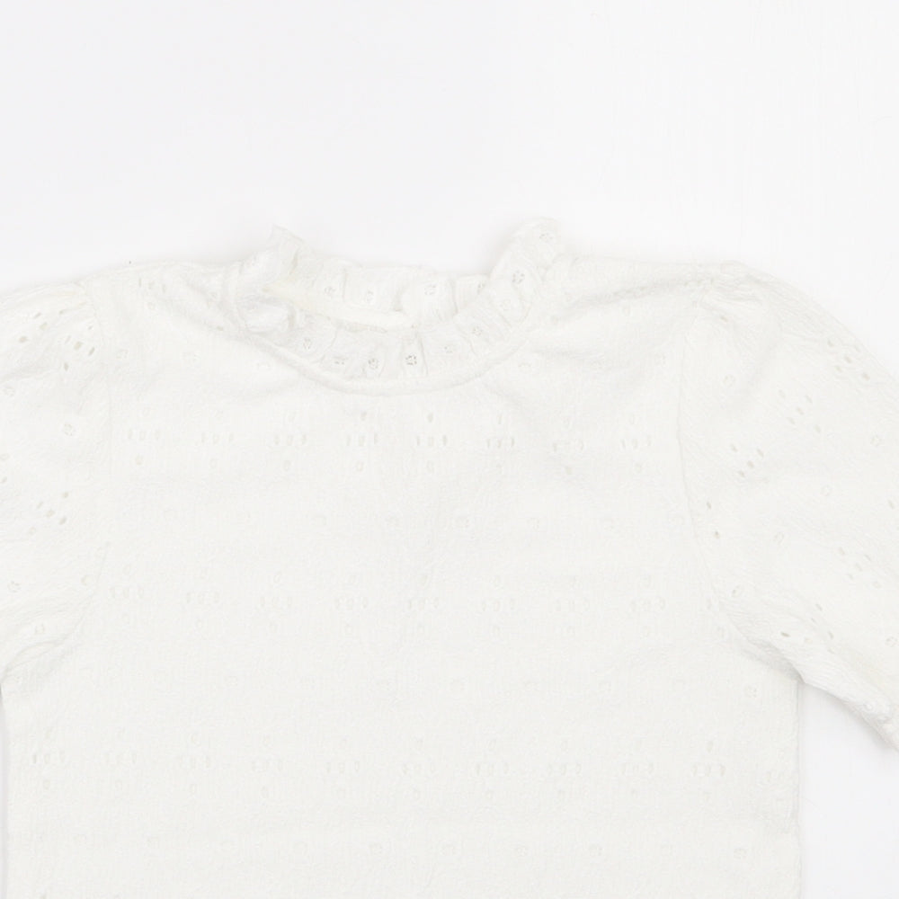 Dunnes Stores Girls White  Polyester Jersey T-Shirt Size 7-8 Years High Neck Button