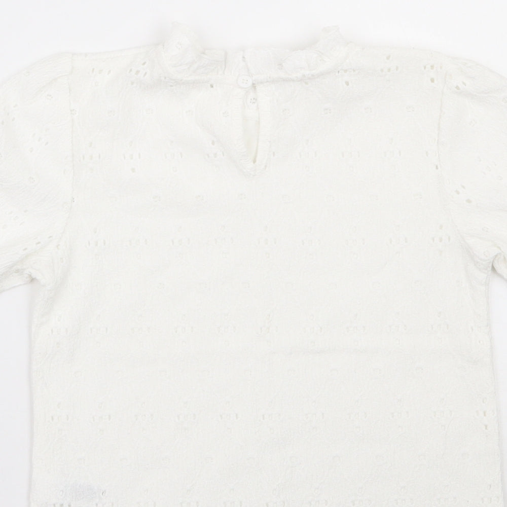 Dunnes Stores Girls White  Polyester Jersey T-Shirt Size 7-8 Years High Neck Button