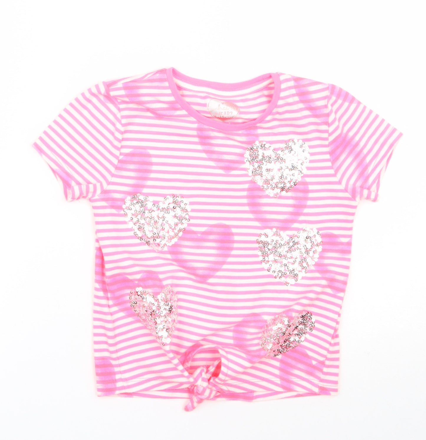 F&F Girls Pink Striped Cotton Basic T-Shirt Size 8-9 Years Round Neck Pullover - Heart