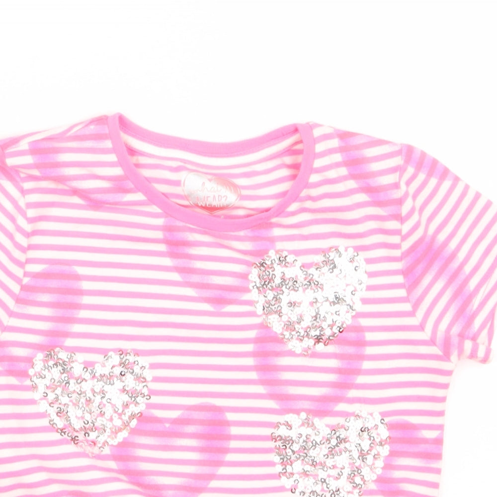 F&F Girls Pink Striped Cotton Basic T-Shirt Size 8-9 Years Round Neck Pullover - Heart