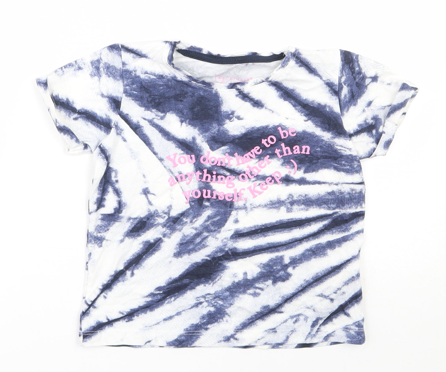 Primark  Girls Blue Geometric 100% Cotton Basic T-Shirt Size 7-8 Years Round Neck Pullover