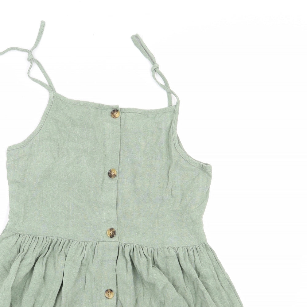 Primark  Girls Green  Viscose Trapeze & Swing  Size 10-11 Years  Square Neck Button