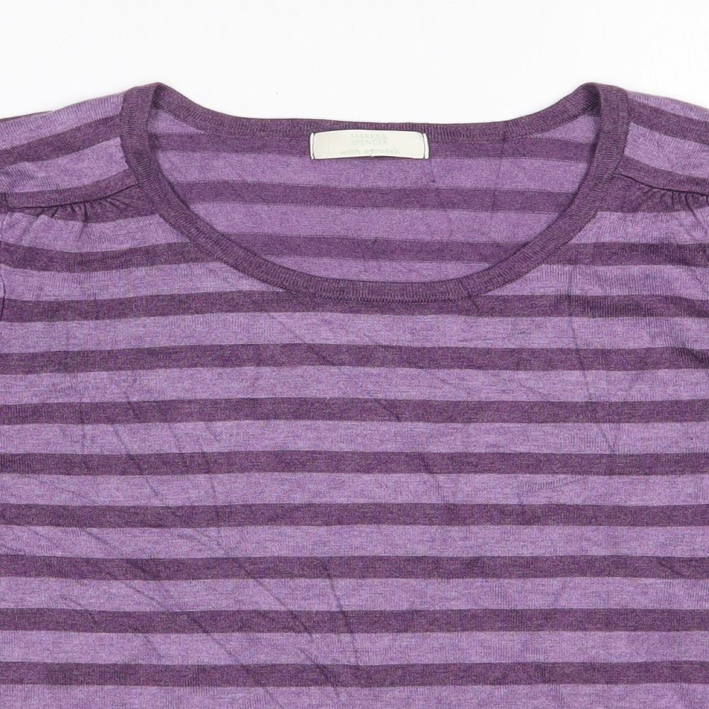 Marks and Spencer Womens Purple Round Neck Striped Viscose Pullover Jumper Size 14