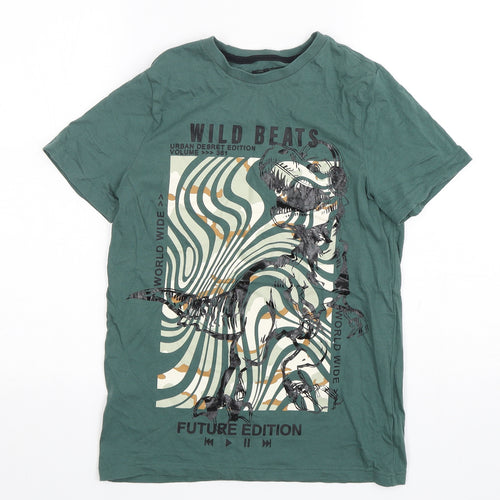 F&F Boys Green Geometric Cotton Basic T-Shirt Size 12-13 Years Round Neck Pullover - Dinosaur