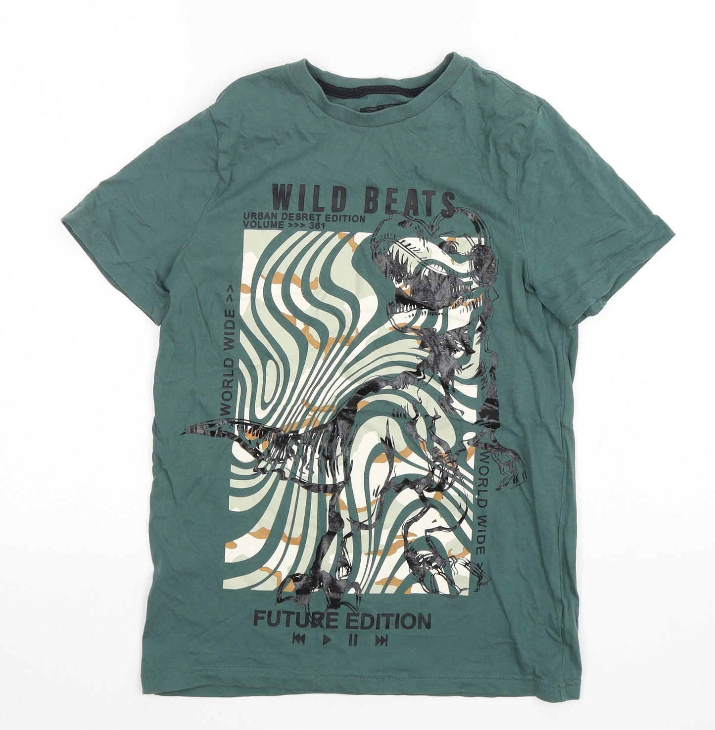 F&F Boys Green Geometric Cotton Basic T-Shirt Size 12-13 Years Round Neck Pullover - Dinosaur