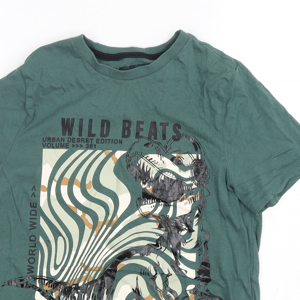 F&F Boys Green Geometric Cotton Basic T-Shirt Size 12-13 Years Round Neck Pullover - Dinosaur