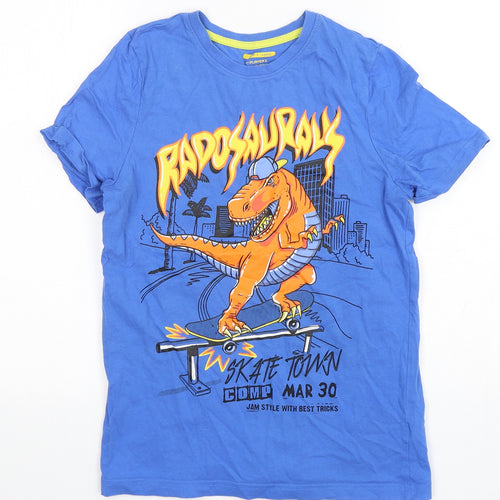 F&F Boys Blue  Cotton Basic T-Shirt Size 11-12 Years Round Neck Pullover - Dinosaur Print