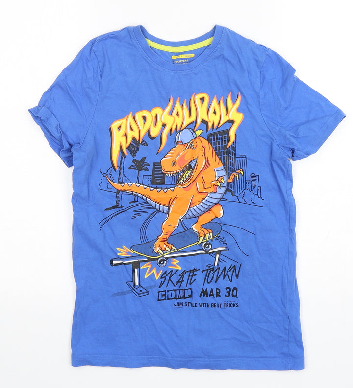 F&F Boys Blue Cotton Basic T-Shirt Size 11-12 Years Round Neck Pullover - Dinosaur Print