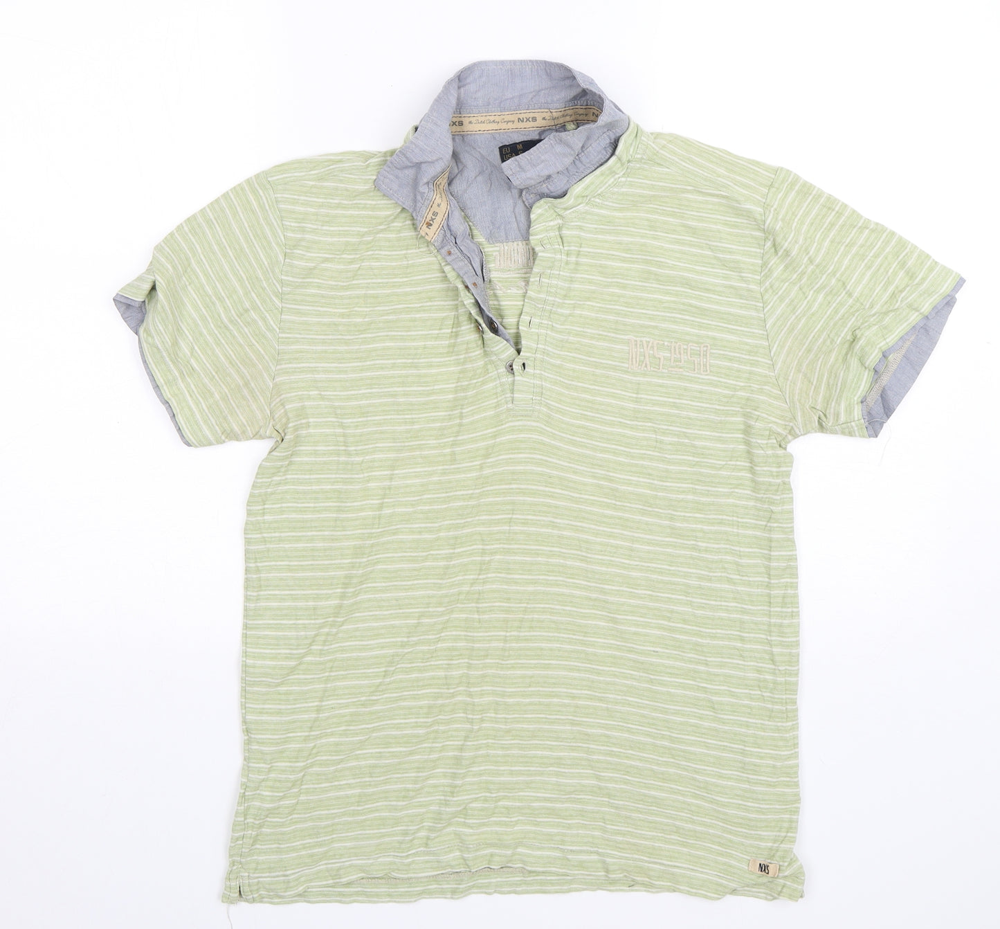 No Excess Mens Green Striped Cotton  Polo Size M Collared Pullover