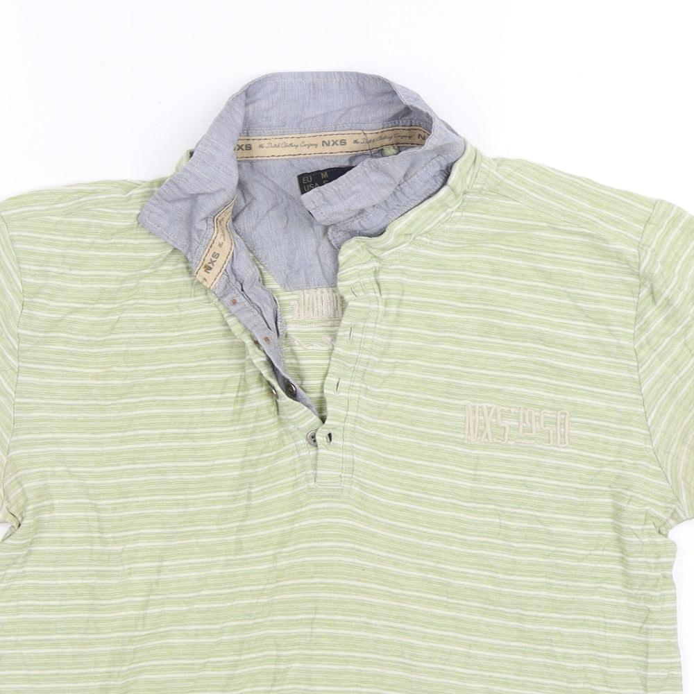 No Excess Mens Green Striped Cotton  Polo Size M Collared Pullover