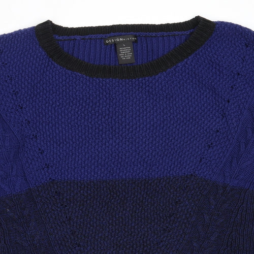Design History Womens Blue Round Neck  Cotton Pullover Jumper Size L