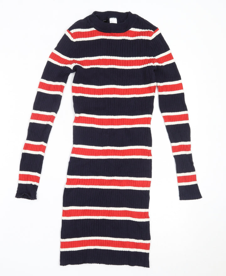 H&M Womens Blue Striped Cotton Bodycon Size 38 Round Neck