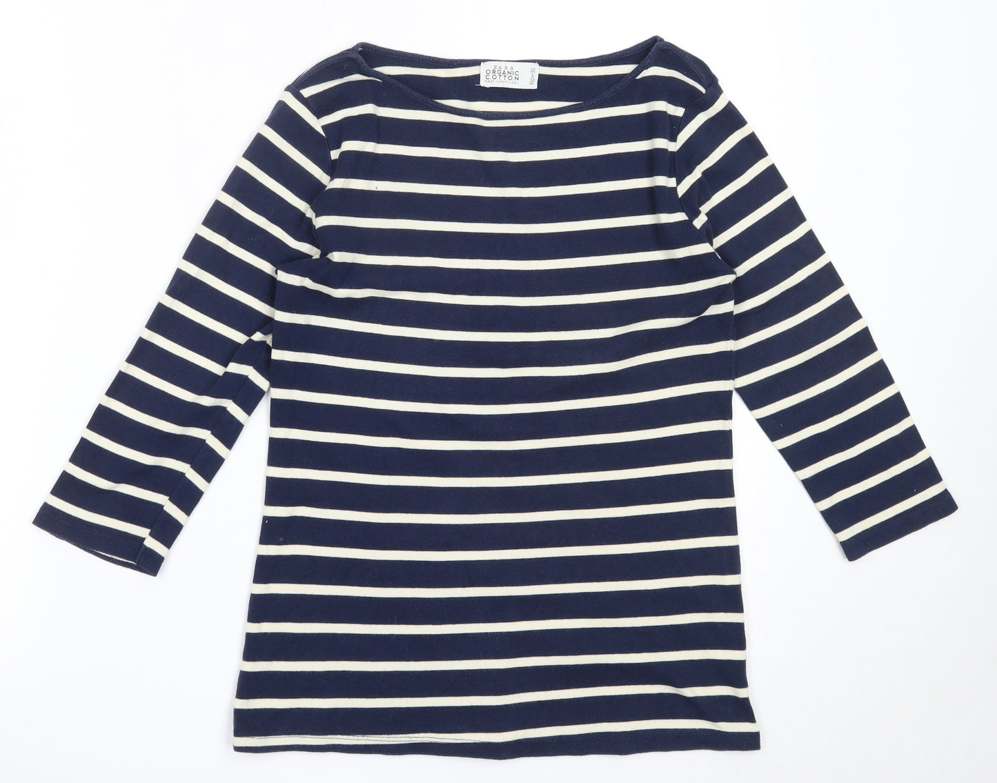 Zara Womens Blue Striped Cotton Basic T-Shirt Size L Round Neck