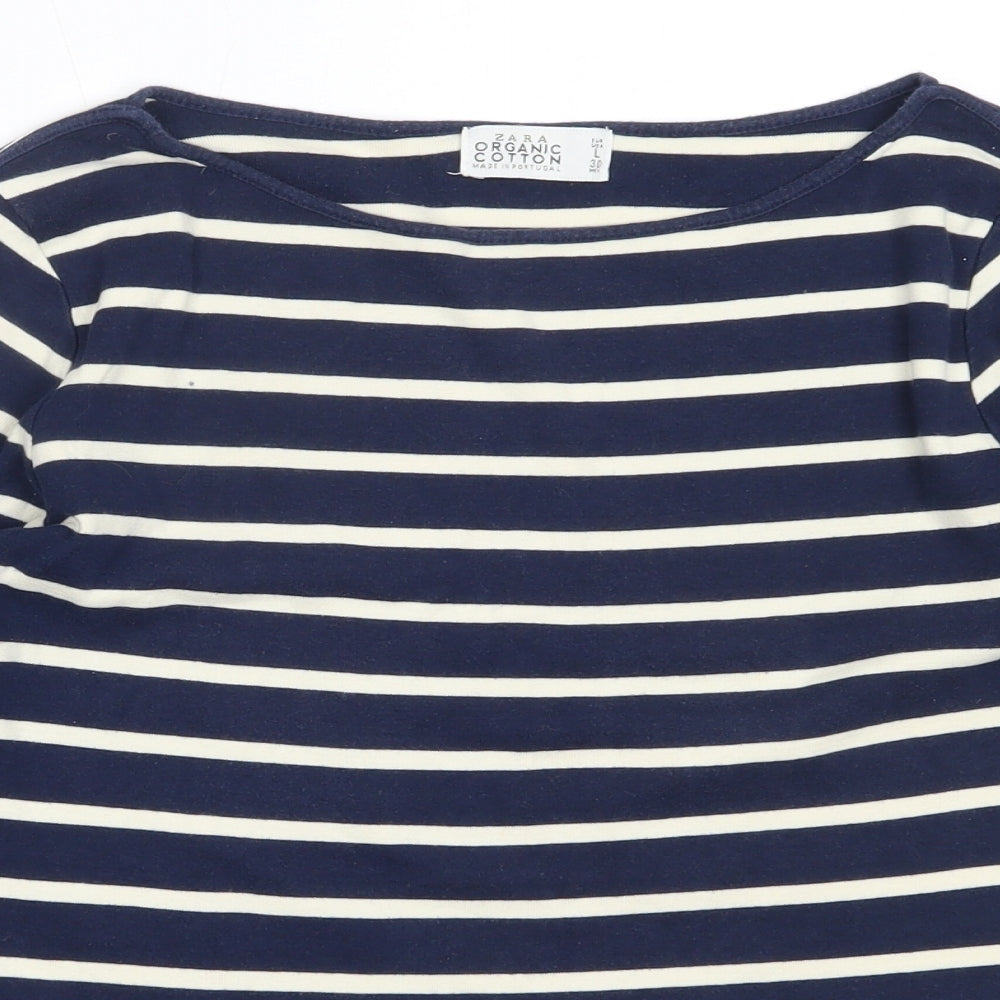 Zara Womens Blue Striped Cotton Basic T-Shirt Size L Round Neck