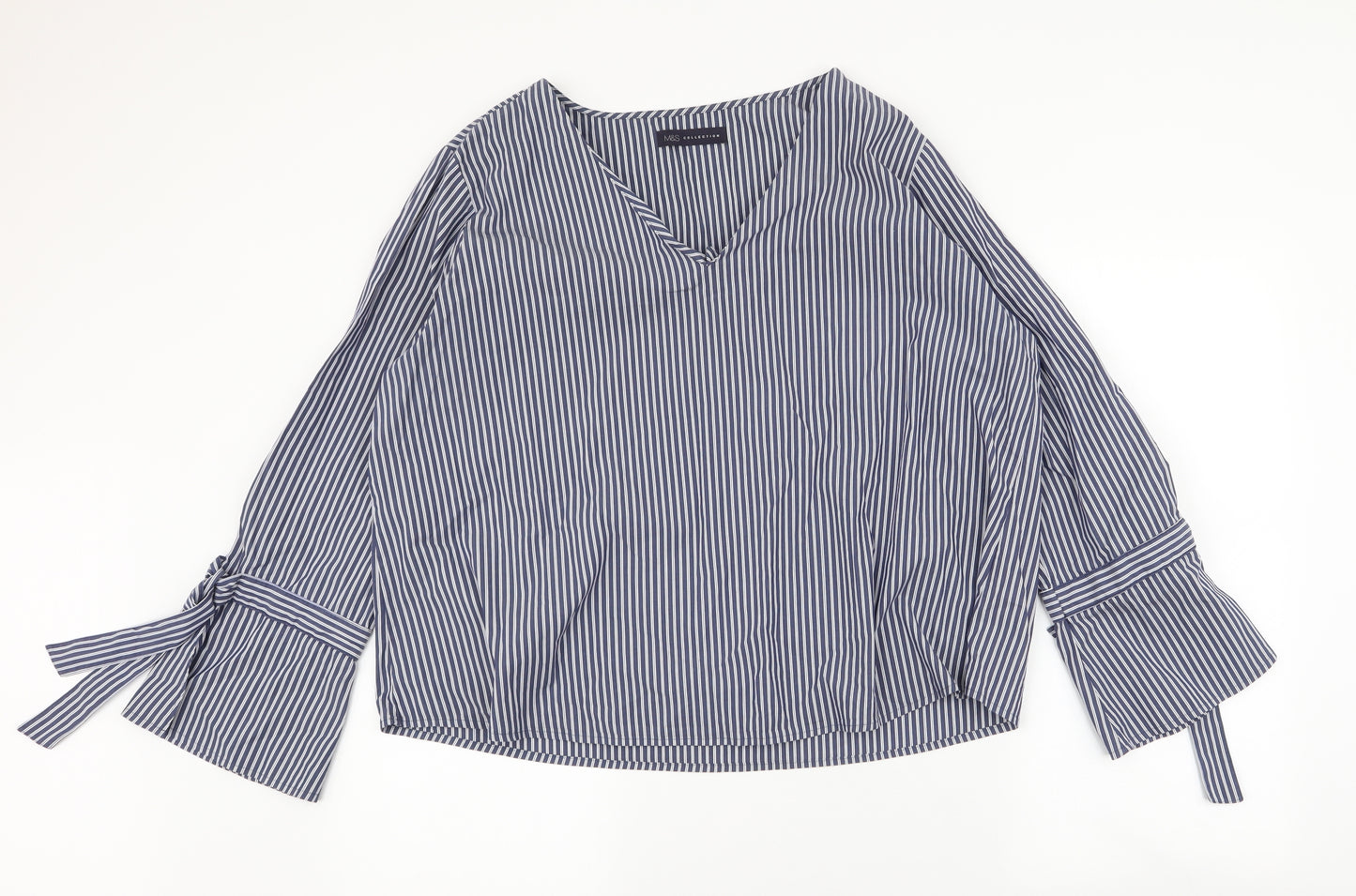 Marks and Spencer Womens Blue Striped Cotton Basic Blouse Size 18 V-Neck