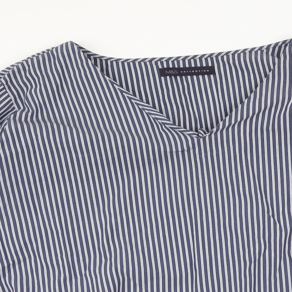 Marks and Spencer Womens Blue Striped Cotton Basic Blouse Size 18 V-Neck