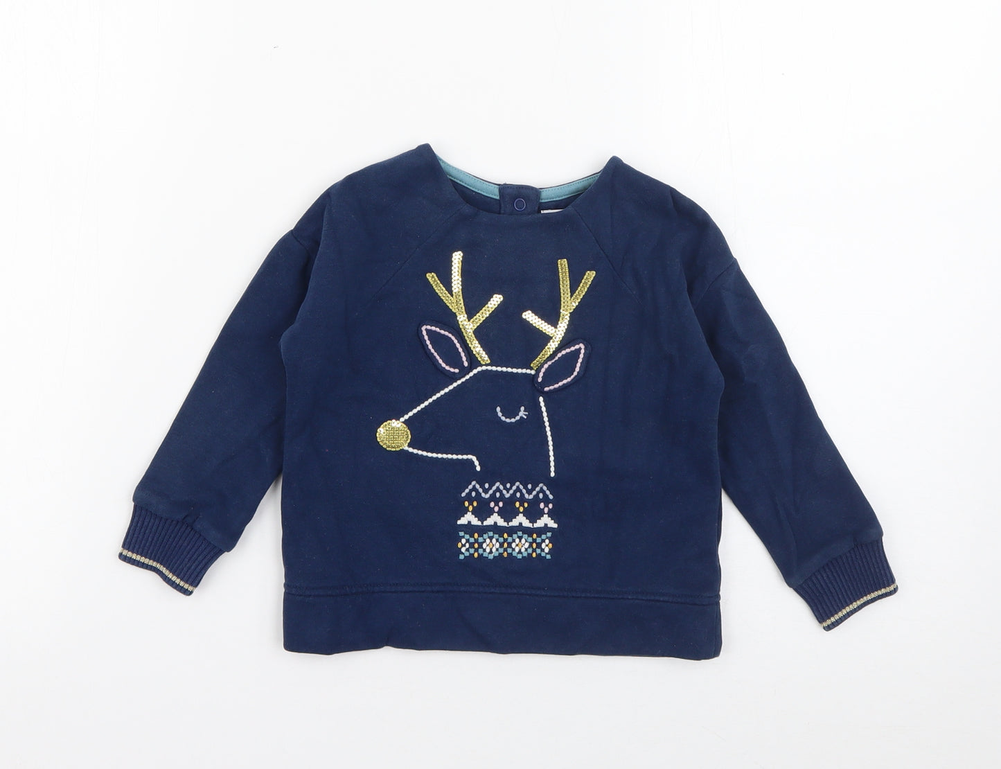 Marks and Spencer Baby Blue  Cotton Pullover Jumper Size 18-24 Months  Snap - Reindeer Christmas Embroidery