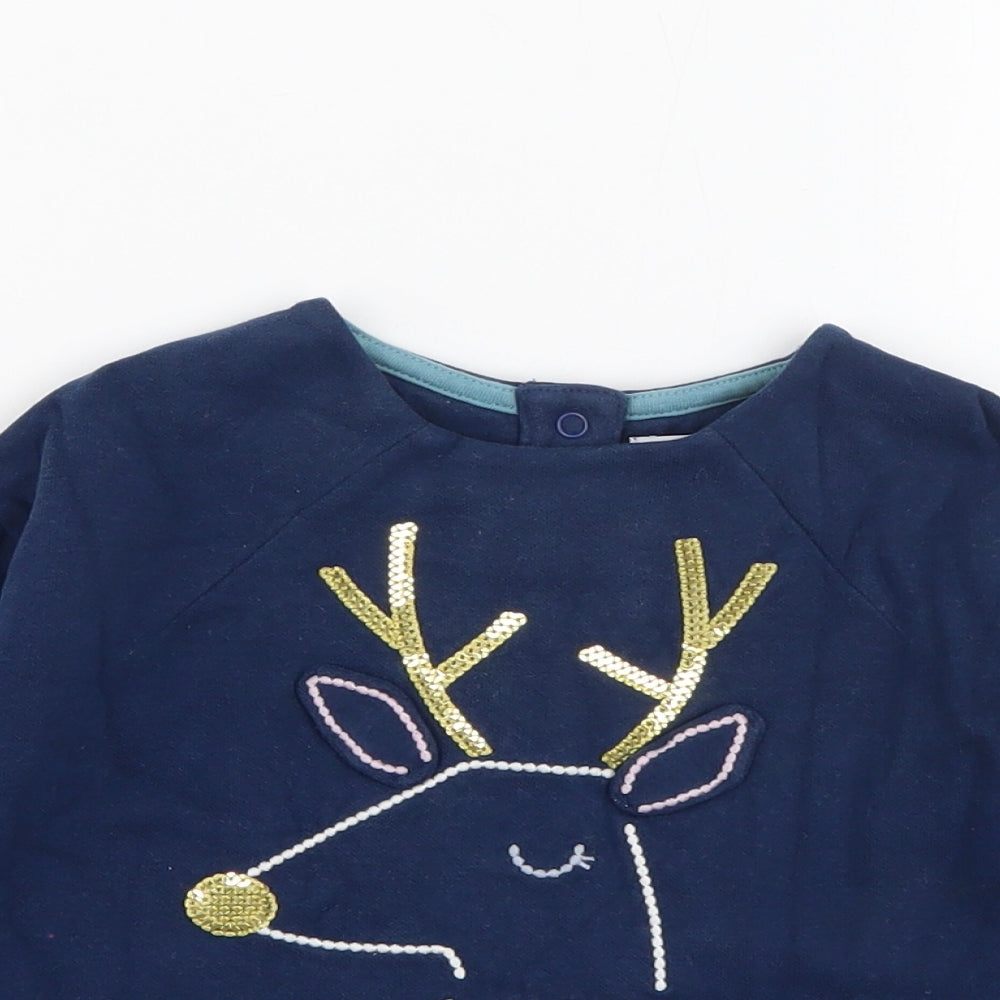Marks and Spencer Baby Blue  Cotton Pullover Jumper Size 18-24 Months  Snap - Reindeer Christmas Embroidery