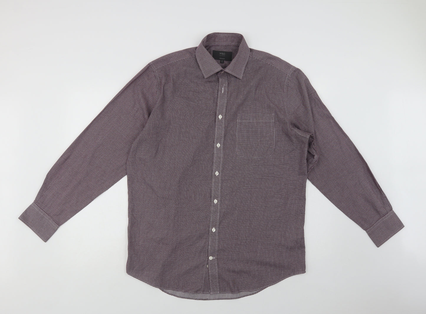 Marks Mens Purple Check Polyester  Dress Shirt Size 16 Collared Button