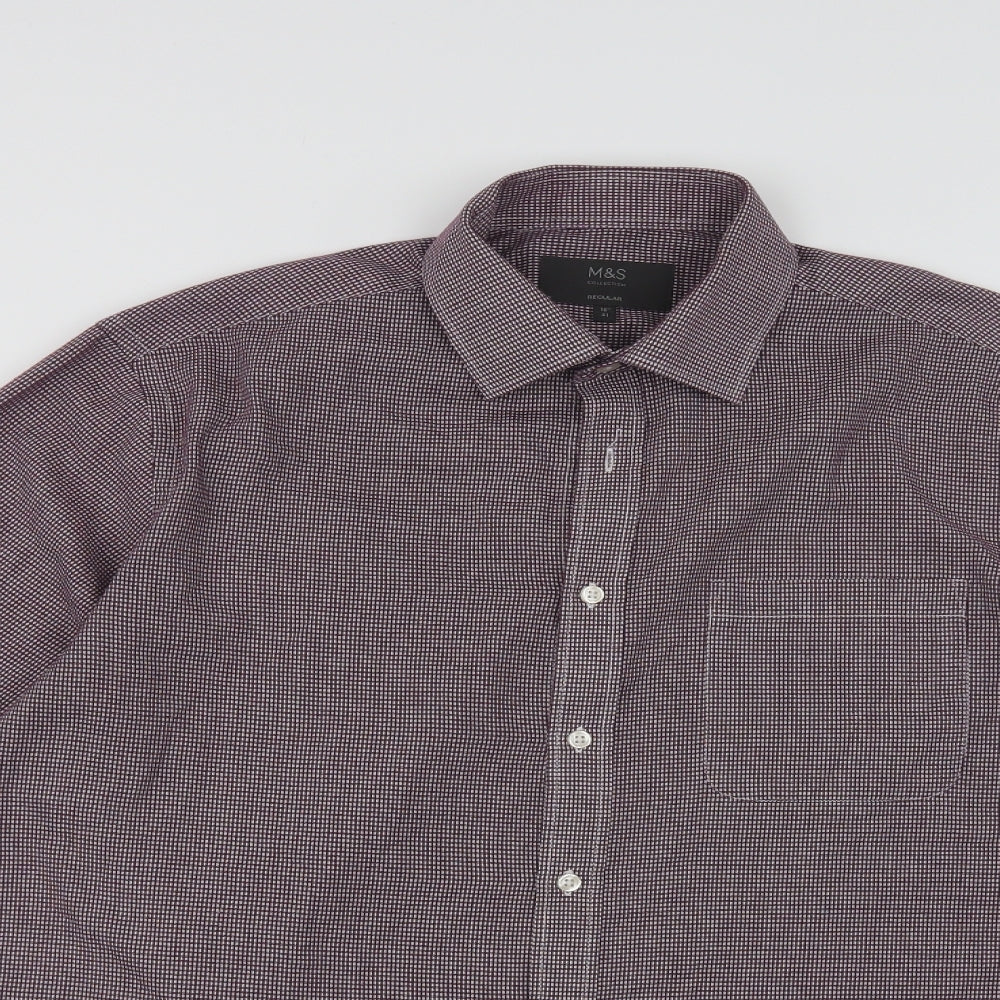 Marks Mens Purple Check Polyester  Dress Shirt Size 16 Collared Button