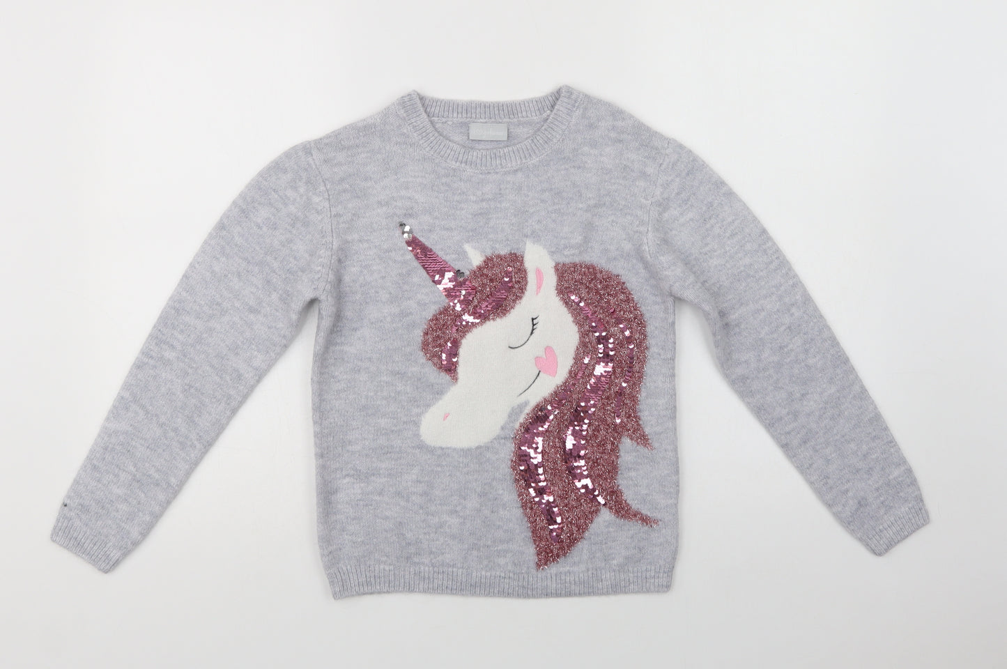 Matalan Girls Grey Crew Neck  Acrylic Shrug Jumper Size 10 Years   - Unicorn