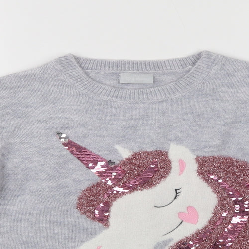 Matalan Girls Grey Crew Neck  Acrylic Shrug Jumper Size 10 Years   - Unicorn