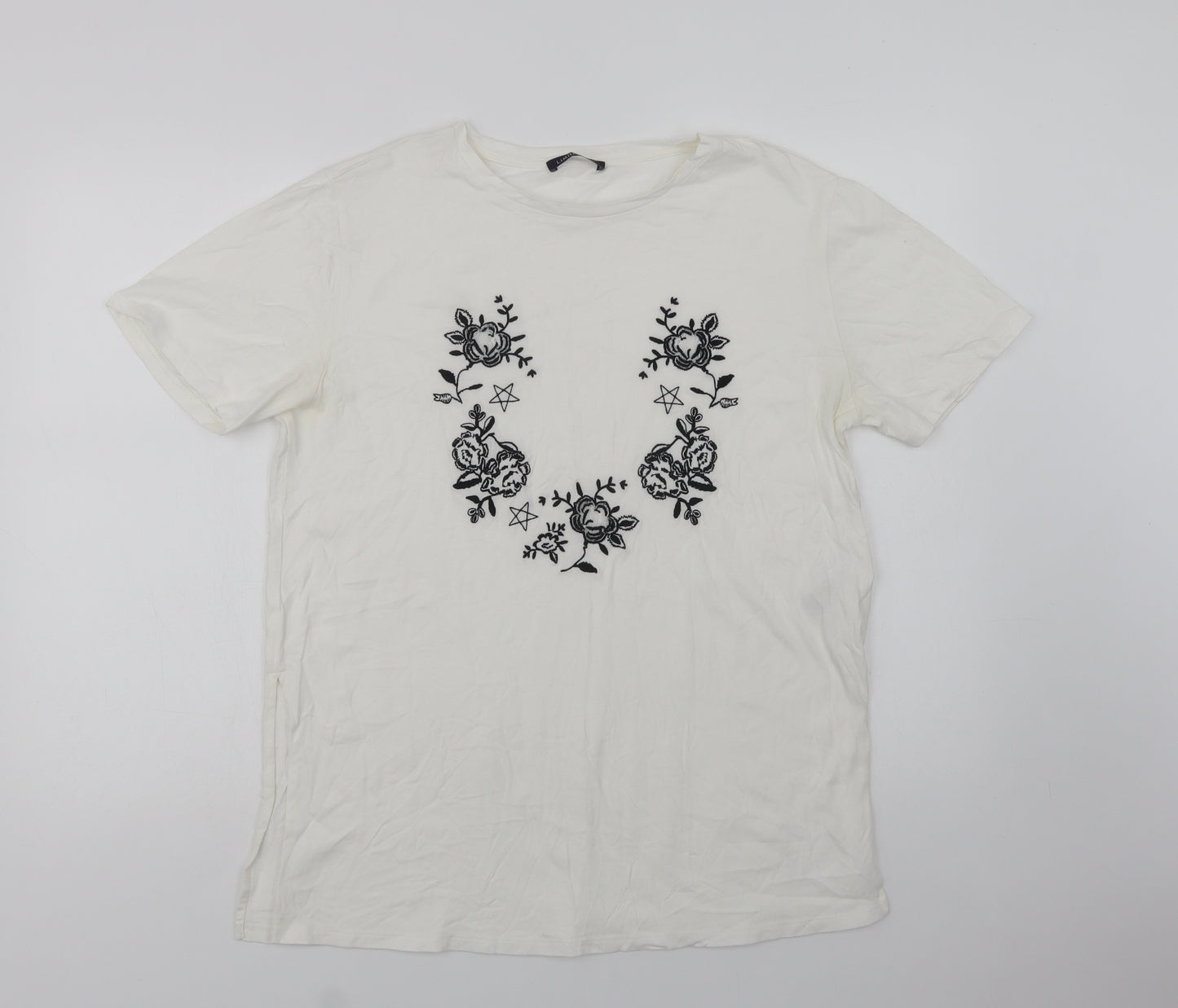 Marks and Spencer Womens White Floral Cotton Basic Blouse Size 14 Crew Neck