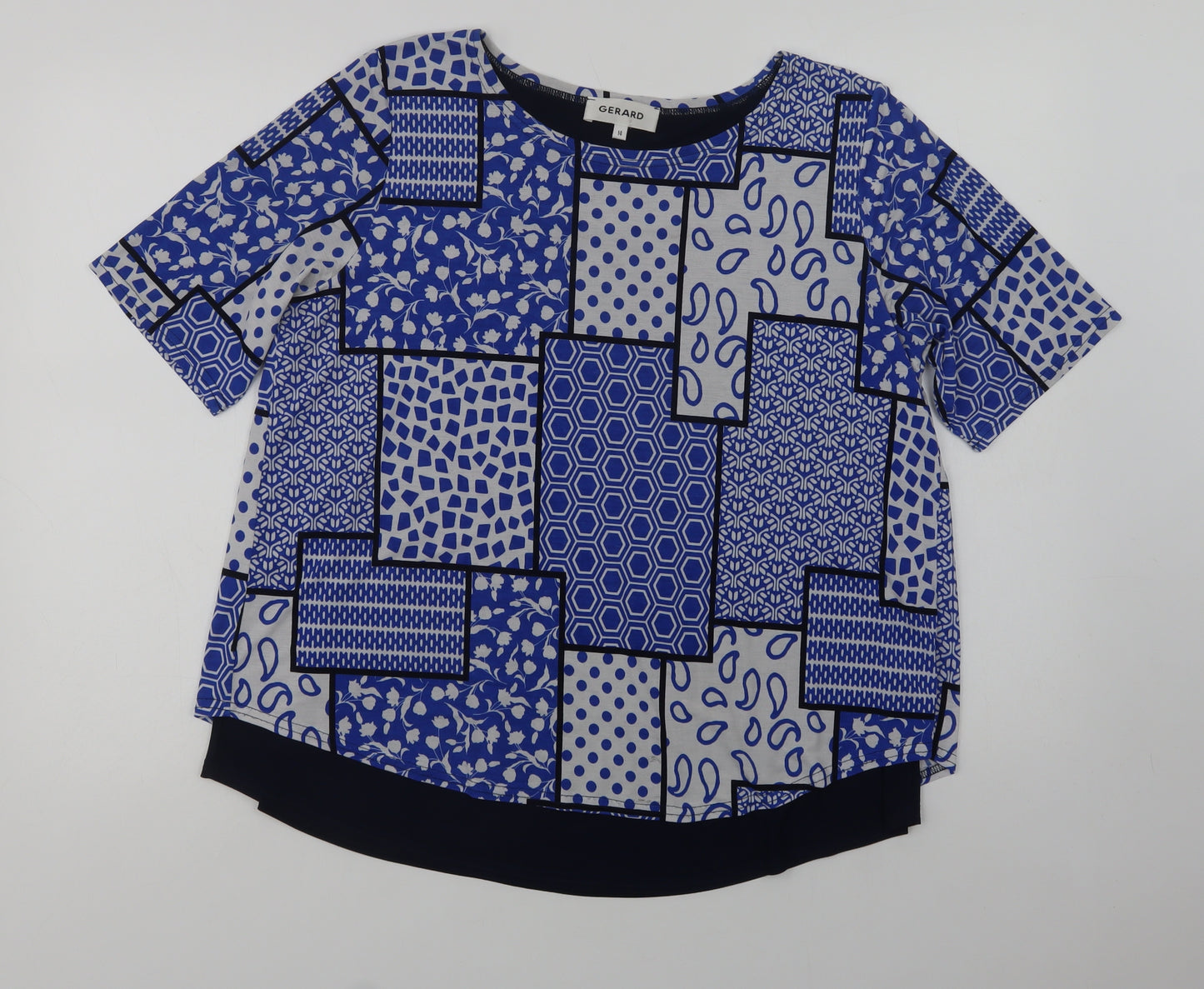 Gerard Womens Blue Geometric Polyester Basic Blouse Size 14 Round Neck