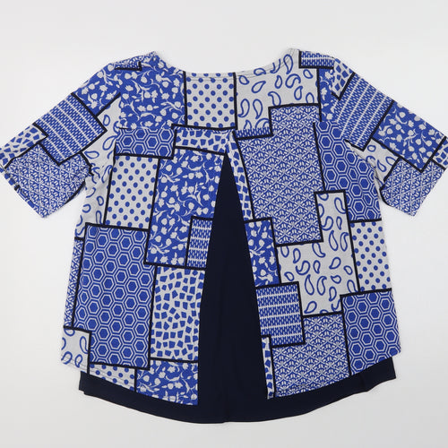 Gerard Womens Blue Geometric Polyester Basic Blouse Size 14 Round Neck