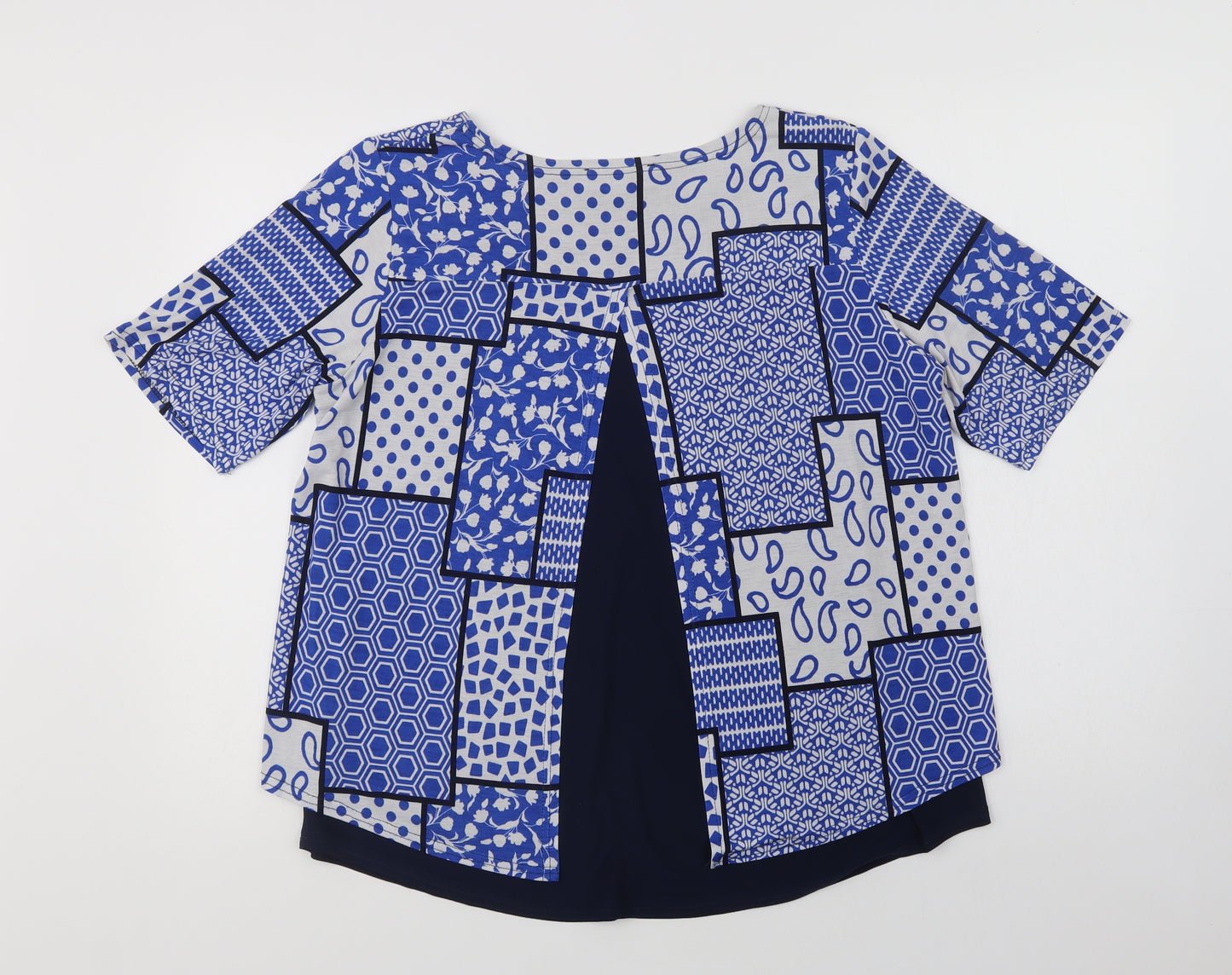Gerard Womens Blue Geometric Polyester Basic Blouse Size 14 Round Neck