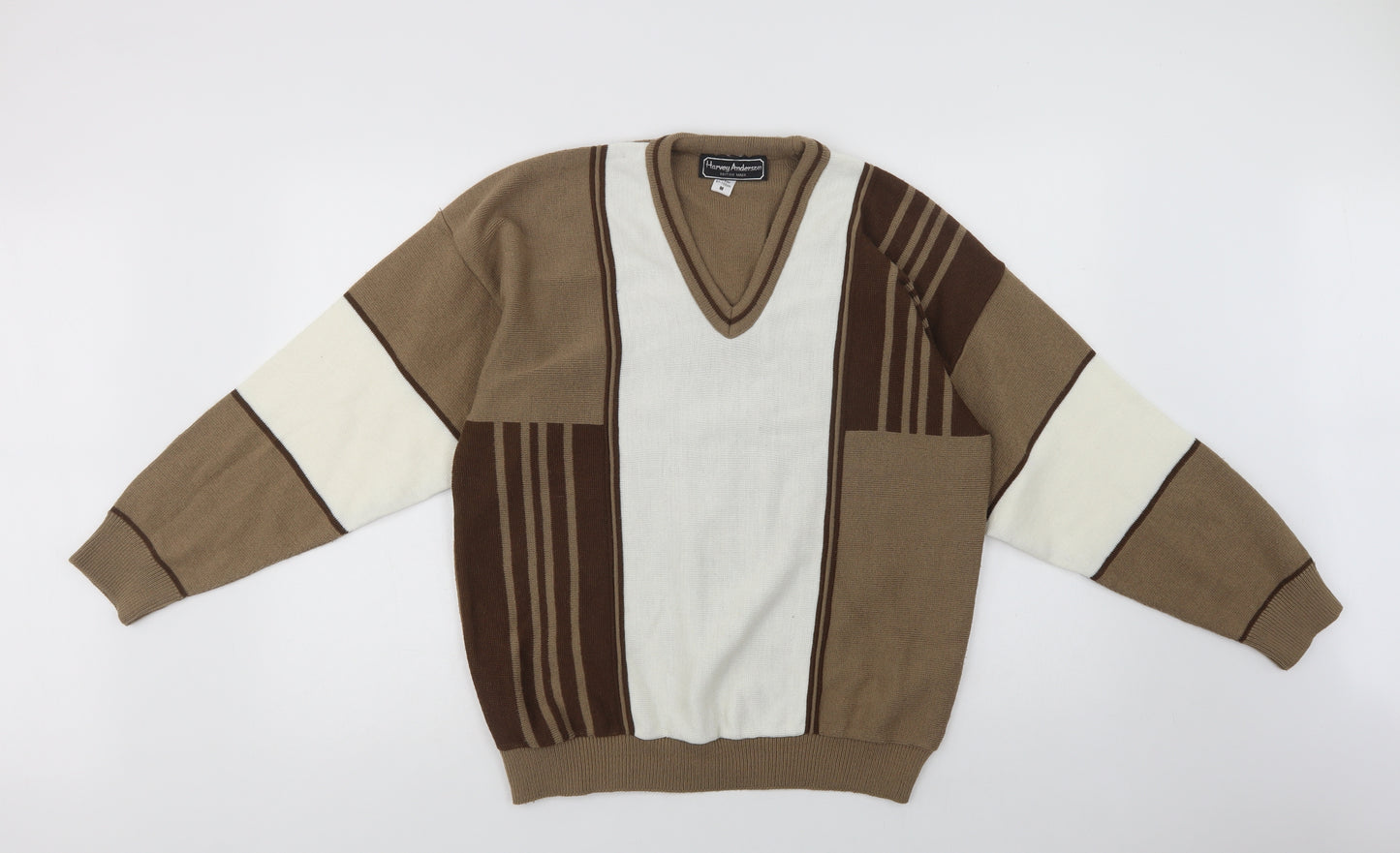 Harvey Anderson Mens Beige V-Neck Geometric Acrylic Pullover Jumper Size M