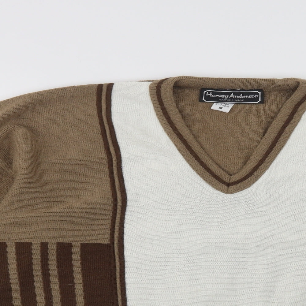 Harvey Anderson Mens Beige V-Neck Geometric Acrylic Pullover Jumper Size M