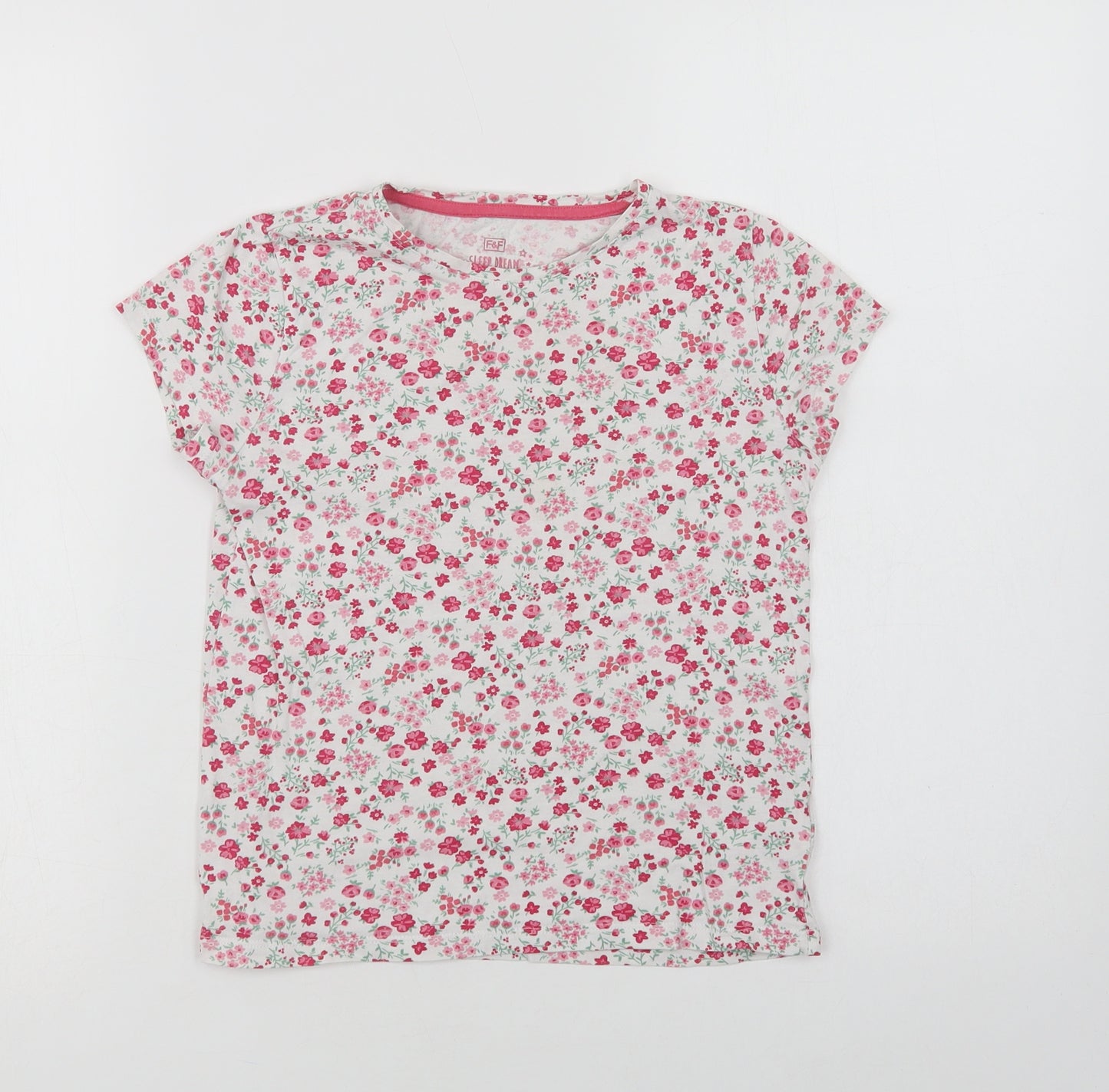 F&F Girls White Floral Cotton Basic T-Shirt Size 8-9 Years Crew Neck