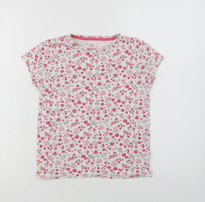 F&F Girls White Floral Cotton Basic T-Shirt Size 8-9 Years Crew Neck