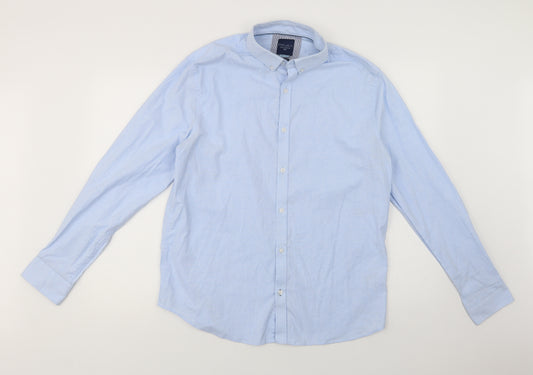Front view of Steel & Jelly men’s blue cotton button-up, size M, collared button