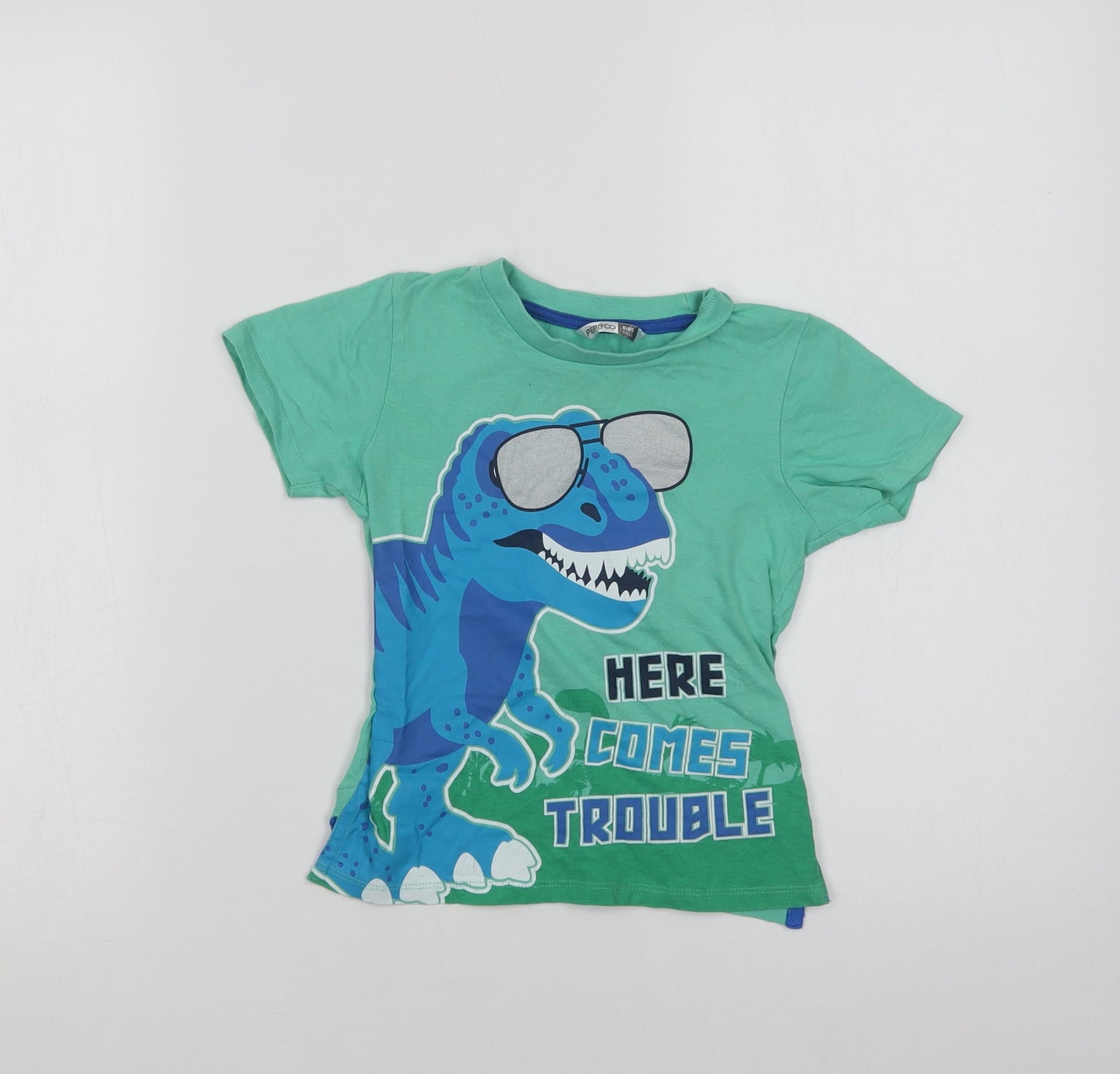 Pep & Co Boys Green  Cotton Basic Polo Size 4-5 Years Crew Neck  - Dinosaur