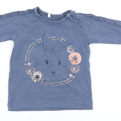 name it Girls Blue  Cotton Basic T-Shirt Size 0-3 Months Round Neck Snap - Bunny